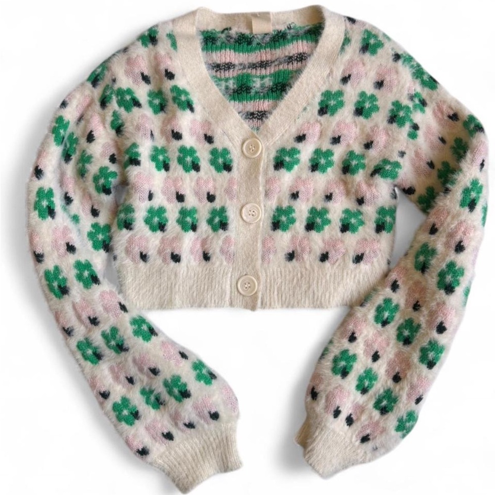 Urban Outfitters Cropped Cardigan Floral Patterned Cream with Green and Pink XS